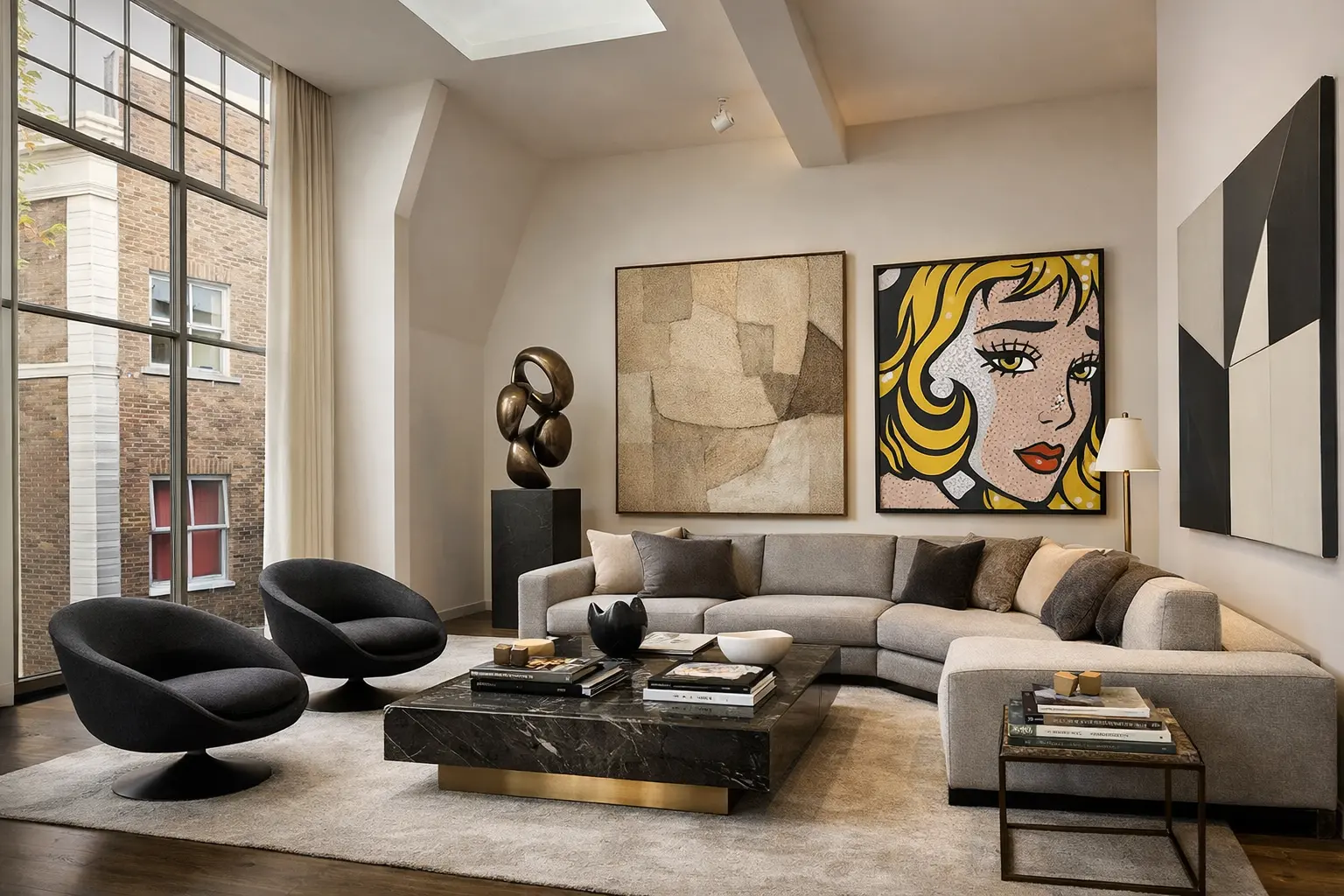 A living room featuring a large painting on the wall, created by the art advisory firm InteriorItalia.