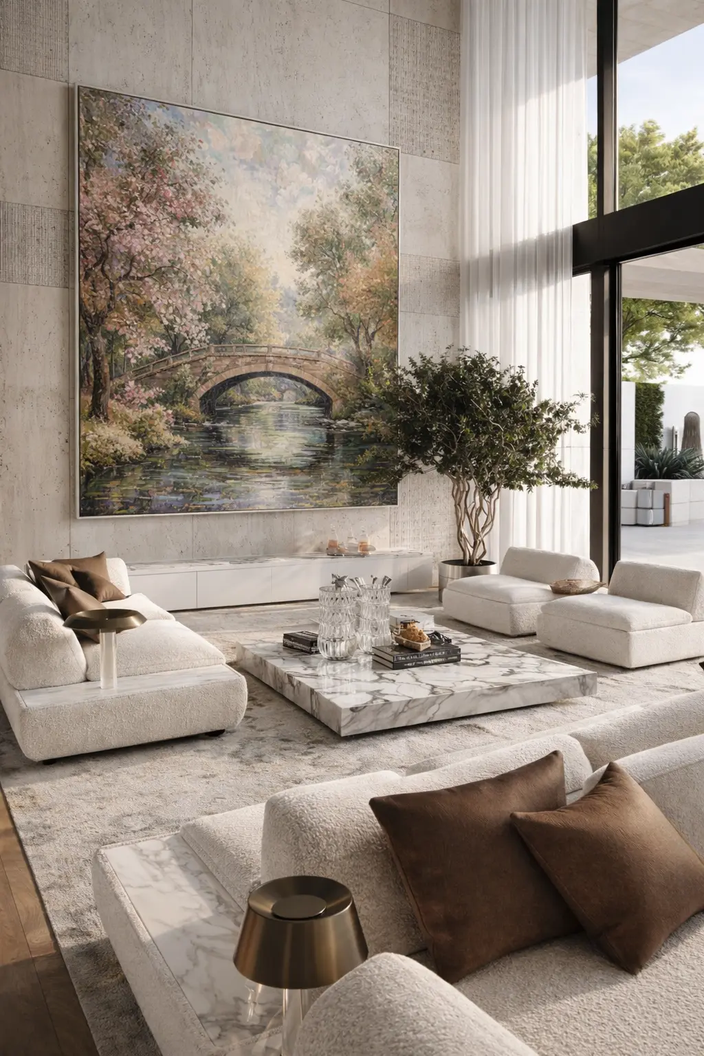 Expansive wall painting with Italian style sofa and marble, offered as part of interior design service in Dubai-UAE by interioritalia.