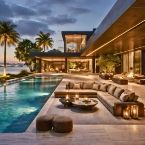 A luxurious modern home at sunset features a large pool, palm trees, and a spacious outdoor seating area with sofas, tables, and candles. Warm lighting creates a cozy, inviting atmosphere by the water.