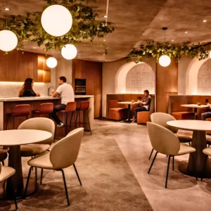 Modern cafe interior with round tables and chairs, warm lighting, hanging globe lights, and ceiling greenery. Designed for comfort by office interior design and fit out experts at InteriorItalia, it offers a cozy, inviting atmosphere with booths and a lively bar.