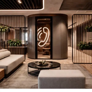 Modern office lounge with neutral-toned sofas, a round coffee table, and a glass meeting pod featuring a neon phone symbol. Wooden slat dividers with plants separate the spaces—an office interior design and fit out by InteriorItalia.