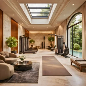 A spacious, modern gym with large windows and skylights is filled with natural light. Designed by Residential Interior design by interioritalia, it features exercise machines, yoga mats, lounge chairs, potted plants, and views of greenery and a swimming pool.