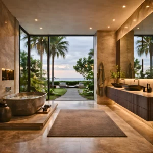 Luxurious bathroom with a stone bathtub, double sinks, large mirrors, and soft lighting. Floor-to-ceiling windows open to a lush garden and ocean view. Modern elegance and earthy tones define this Residential Interior design by interioritalia.