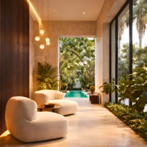 Modern lounge with two curved white chairs, a wooden side table, hanging pendant lights, and large glass windows overlooking a lush garden and swimming pool. Residential Interior design by interioritalia brings greenery and natural light to the space.