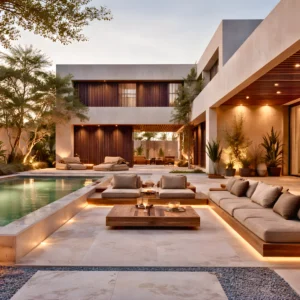 Modern outdoor patio with beige cushioned sofas, wooden tables, and LED lighting around a swimming pool. Surrounded by plants and a contemporary two-story house, this space showcases Residential Interior Design by InteriorItalia.