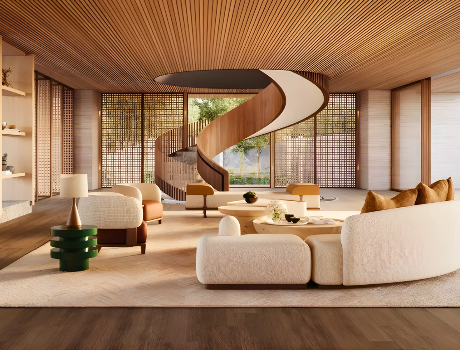 Modern living room with wooden ceiling, large windows, and a sculptural spiral staircase. This Italian residential interior design by interioritalia features light-colored sofas, round tables, decorative shelves, and warm natural lighting.