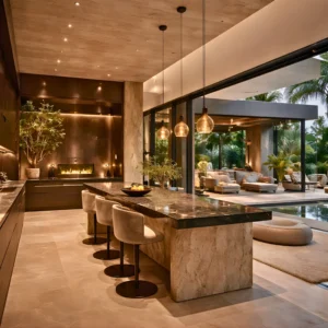 Modern kitchen with marble island, beige barstools, hanging pendant lights, and built-in fireplace. Large glass doors open to a stylish outdoor patio with sofas, lush plants, and a pool. Warm lighting adds a cozy ambiance.