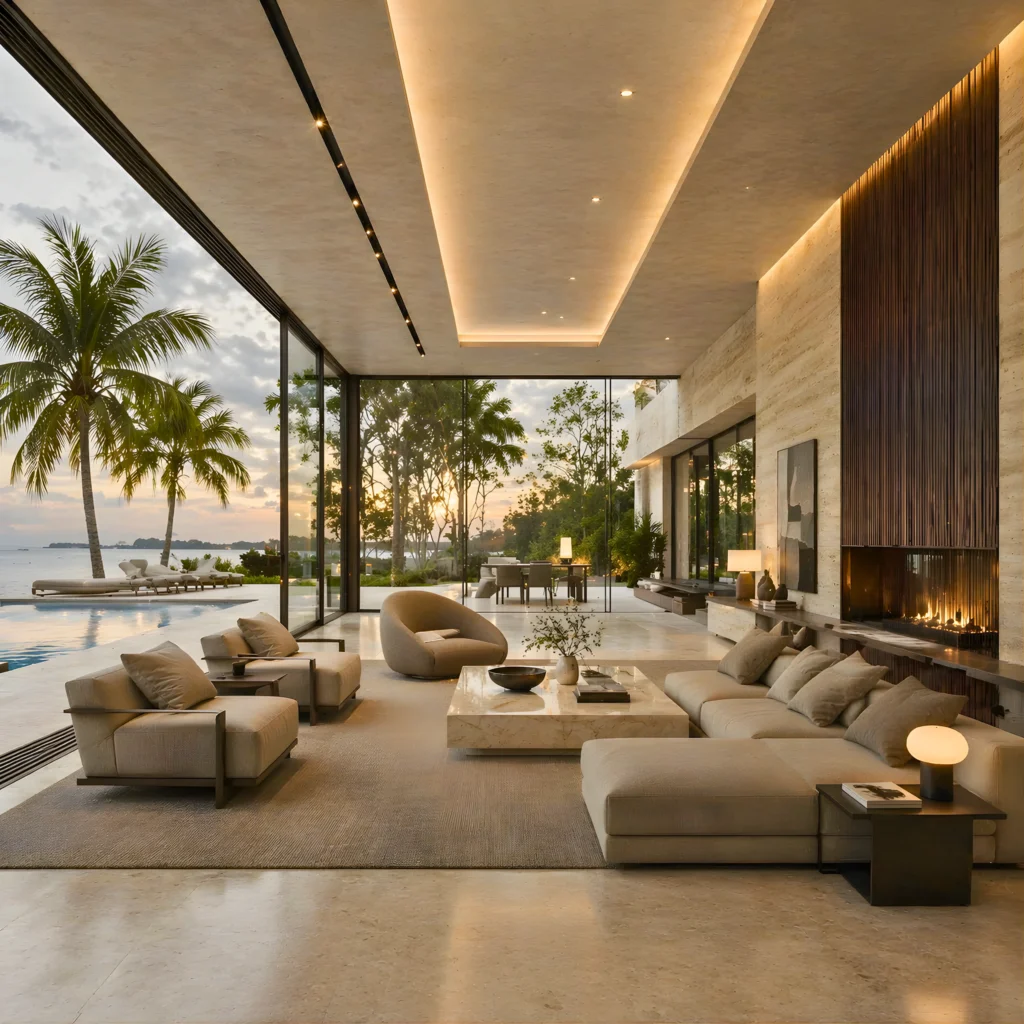 Modern, luxurious living room with beige sofas and a marble coffee table, featuring floor-to-ceiling windows overlooking a pool, palm trees, and an outdoor dining area at sunset. Warm lighting and a sleek fireplace enhance the ambiance.