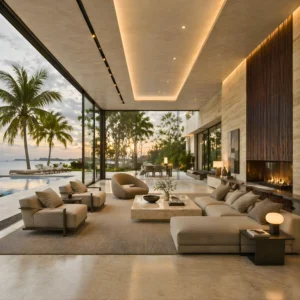 Modern, luxurious living room with beige sofas and a marble coffee table, featuring floor-to-ceiling windows overlooking a pool, palm trees, and an outdoor dining area at sunset. Warm lighting and a sleek fireplace enhance the ambiance.