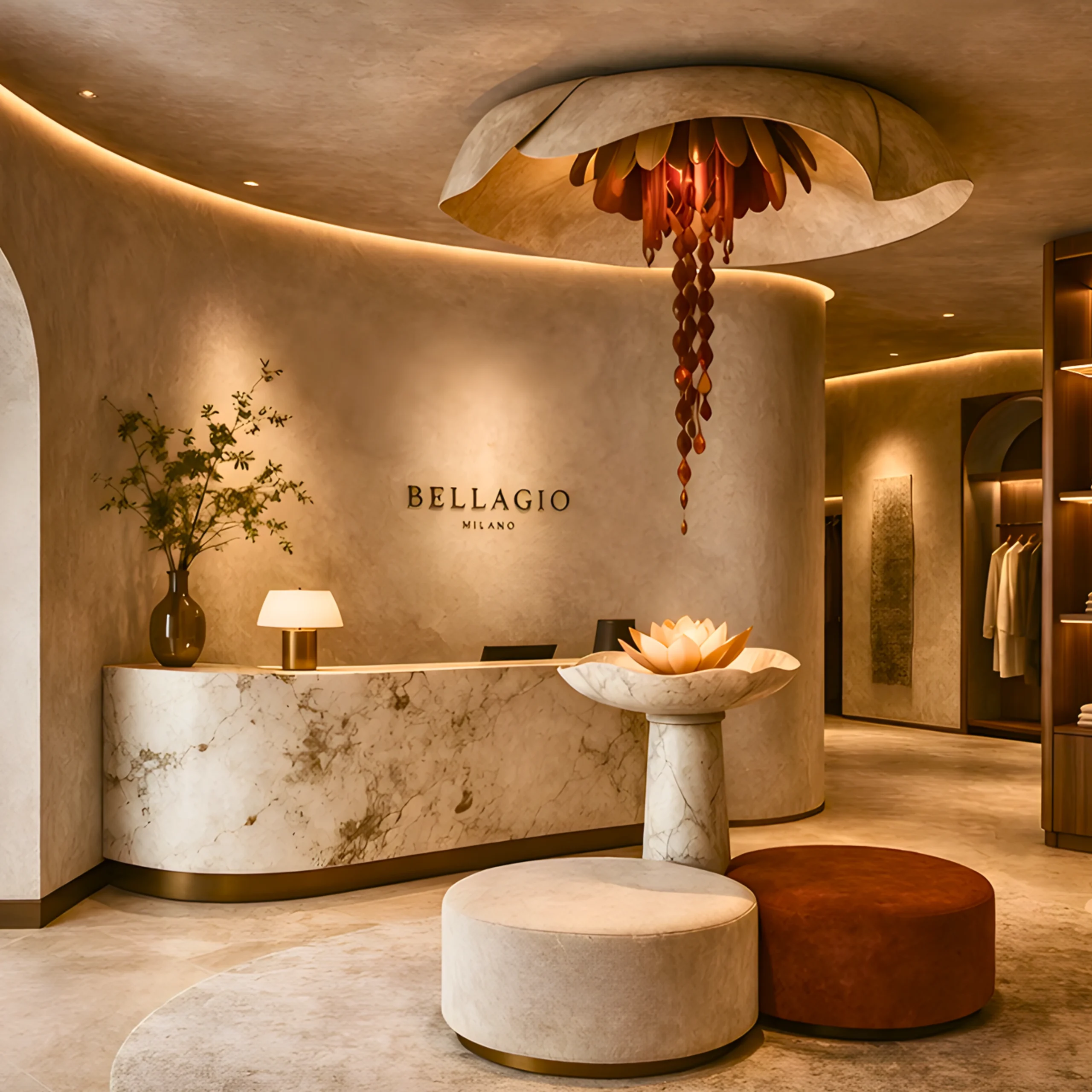 A modern luxury boutique featuring retail shop interior design by interioritalia, with curved walls, soft lighting, and shelves displaying designer handbags and accessories. Clothing racks are visible further inside the stylish, elegant store.