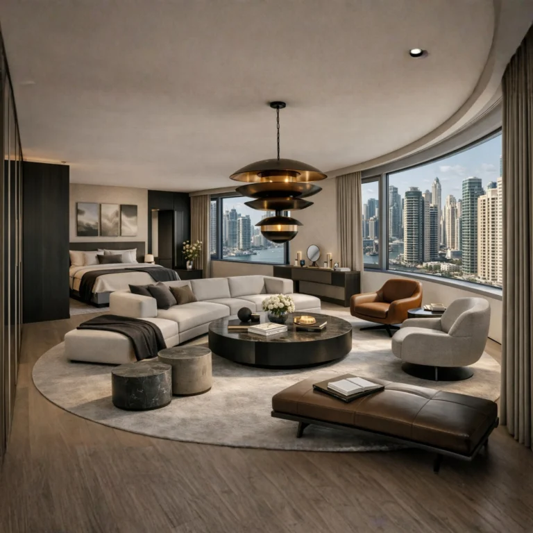 A luxurious modern hotel suite with large windows showing a city skyline, featuring a cozy seating area, round coffee table, elegant bed, stylish lighting, and contemporary décor in neutral tones.