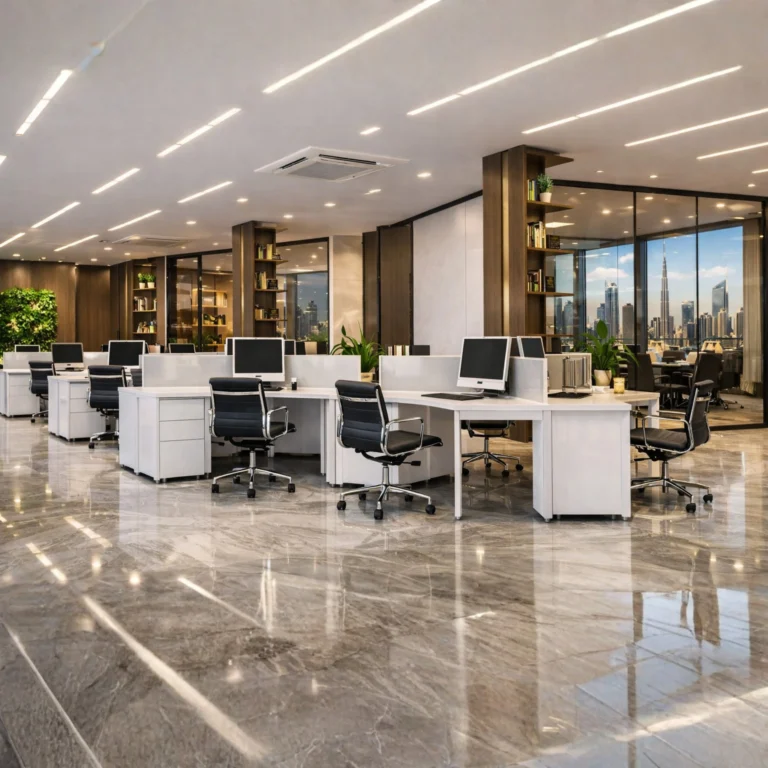 Modern open-plan office with rows of desks, computers, and swivel chairs on a shiny marble floor. Large windows reveal a cityscape and skyscrapers outside. The space has plants and glass-walled meeting rooms.