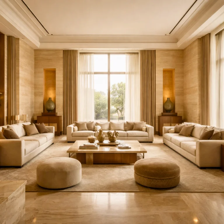 Spacious, elegant living room with large windows, neutral-toned sofas, a wooden coffee table, and round poufs. Natural light fills the room, highlighting the serene decor—an exquisite example of interior design by interioritalia.
