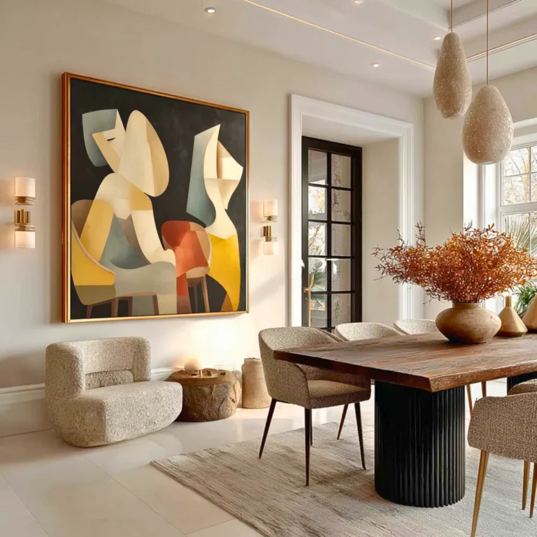 A modern dining room with a wooden table, beige upholstered chairs, textured armchair, abstract wall art, pendant lights, and a vase with branches on the table, featuring neutral and warm tones.