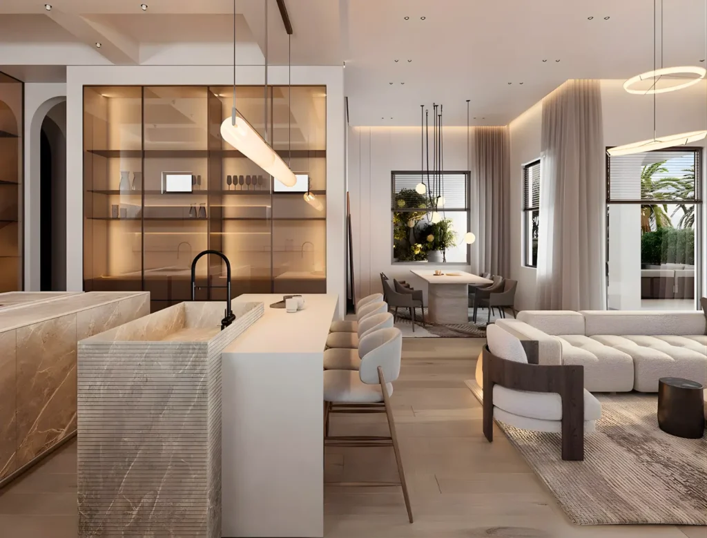 Modern open-plan living space with a marble island kitchen, dining area, and lounge featuring neutral tones, sleek furniture, and large windows with natural light.