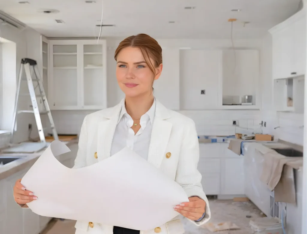 A woman in a white blazer holds architectural plans and stands in a partially renovated kitchen, illustrating interior fit-out project management by interioritalia, with white cabinets, a ladder, and construction materials visible in the background.