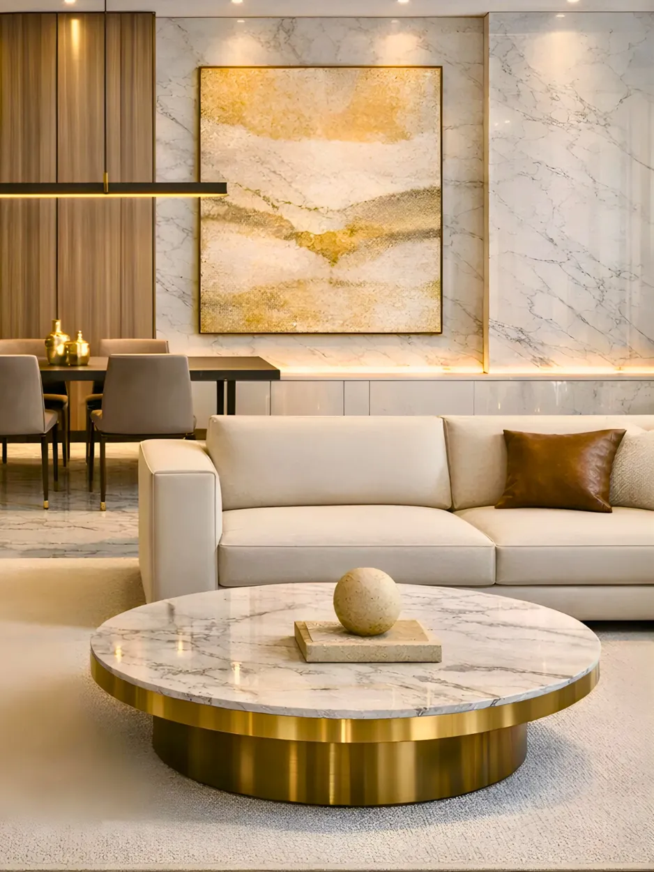 Modern living room with marble floors, a round marble coffee table, beige sofa, dining area for four, abstract wall art, and warm accent lighting—perfectly crafted by an expert interior fitout Dubai team.