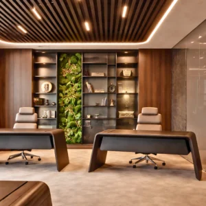 Modern office interior design and fit out by InteriorItalia featuring two sleek wooden desks, beige chairs, and built-in dark wood shelves. A vertical green plant wall is centered between the shelves, with elegant recessed lighting and wooden ceiling slats.