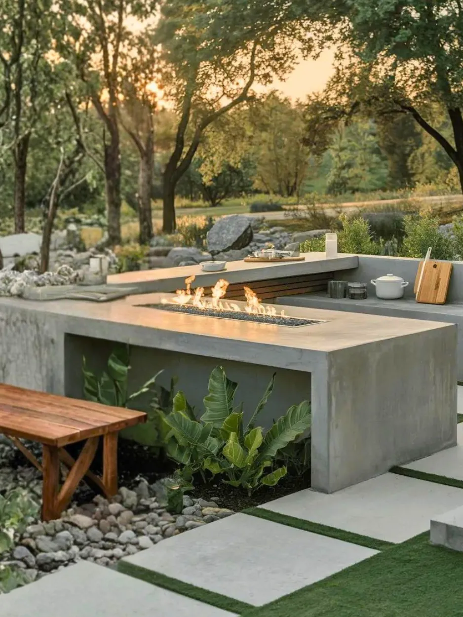 Modern outdoor kitchen with a concrete countertop and built-in fire feature, surrounded by lush greenery, trees, and stone paths. A wooden bench sits beside the kitchen under a warm, sunset sky.