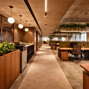 Modern office interior design and fit out by Interioritalia with wood furnishings, green plants, hanging lights, and an open workspace. A long carpeted hallway runs between desks and private rooms under ceilings with hanging plants and linear fixtures.