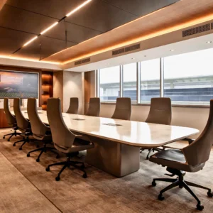 Modern conference room with a long white table, high-back leather chairs, and large windows letting in natural light. The office interior design and fit out by interioritalia features warm lighting, contemporary decor, and a sleek screen on the wall.