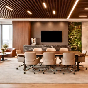 A modern conference room with a large wooden table, beige swivel chairs, a plant wall, and stylish wood and marble accents. This office interior design and fit out by interioritalia is brightened by natural light from large windows on the left.