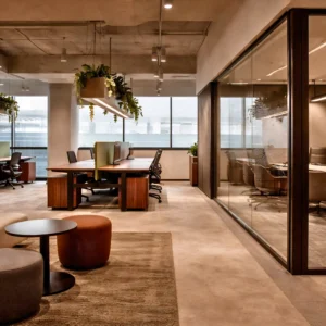 Modern office space with wooden desks, rolling chairs, glass-walled meeting room, large windows, ceiling lights, and hanging plants. Office interior design and fit out by interioritalia are showcased in the layout and furnishings.