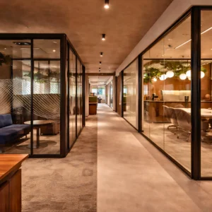 A modern office hallway with glass-walled meeting rooms, warm lighting, plants, and contemporary furniture—an inviting and professional workspace atmosphere showcasing expert office interior design and fit out by InteriorItalia.