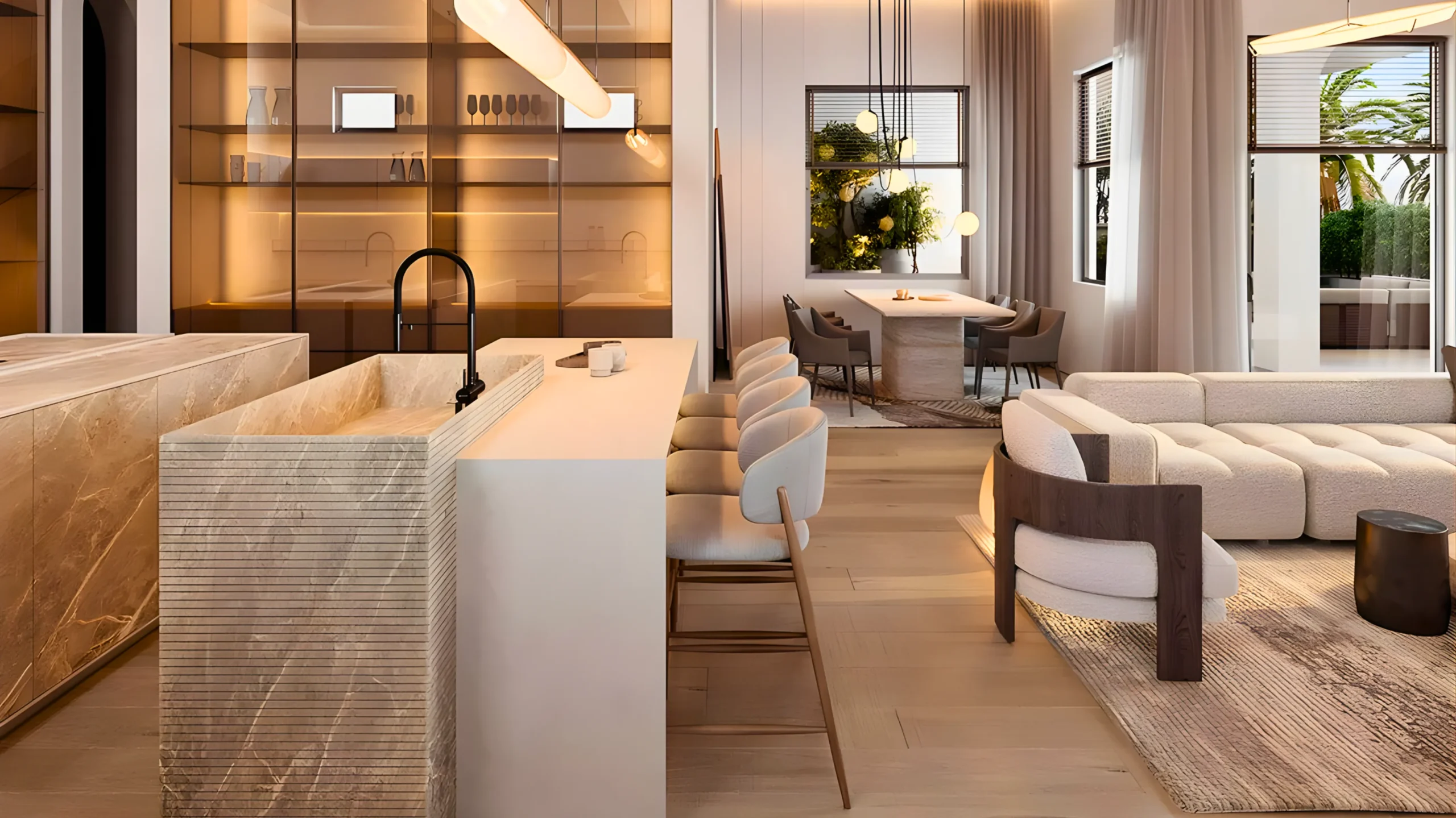 A modern open-concept living space with a minimalist kitchen island, bar stools, cozy seating area, and a dining table. Warm lighting and contemporary decor by interioritalia deliver a residential interior fit out that feels both inviting and stylish.