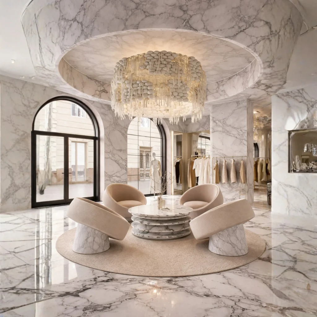 Elegant, modern showroom with marble floors and walls, large arched windows, a round marble table surrounded by four plush chairs, a dramatic chandelier overhead, and racks of clothing—an impressive retail interior fit out by Interioritalia.