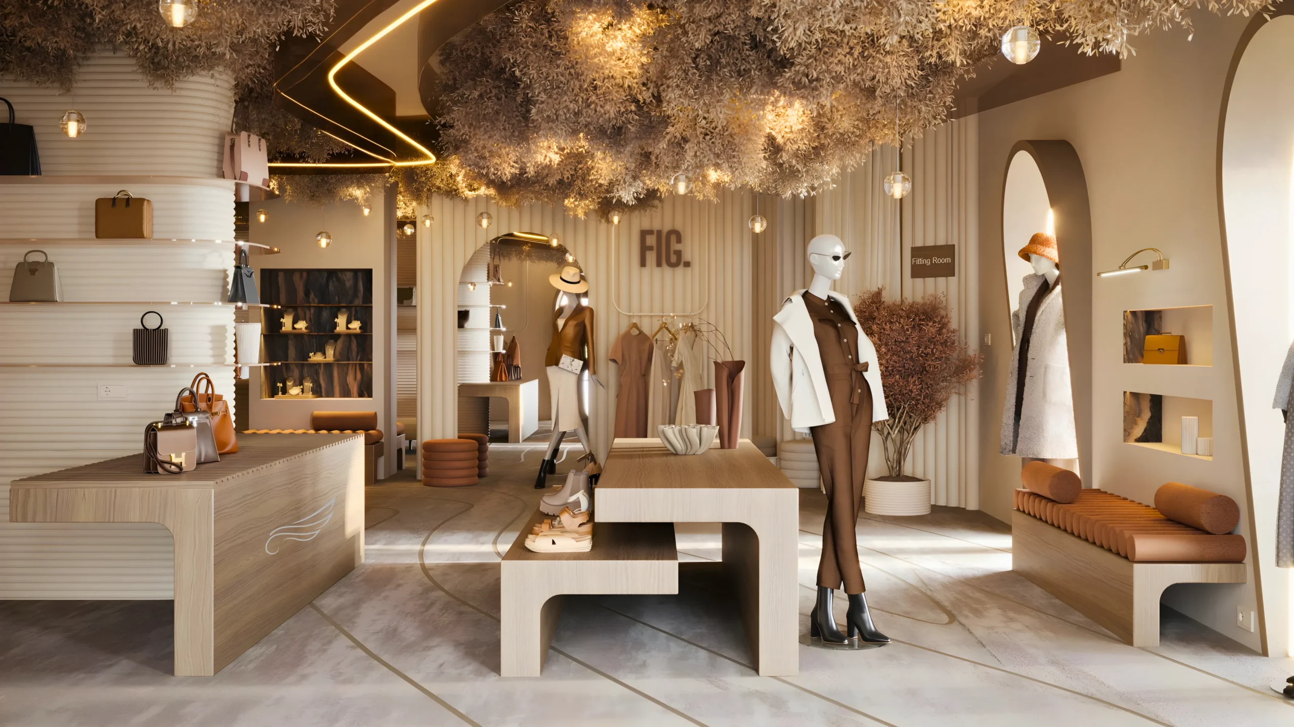A modern boutique with minimalist decor, neutral tones, mannequins dressed in brown and white outfits, handbags displayed on tables and shelves, and dried foliage hanging from the ceiling—featuring a retail interior fit out by Interioritalia.